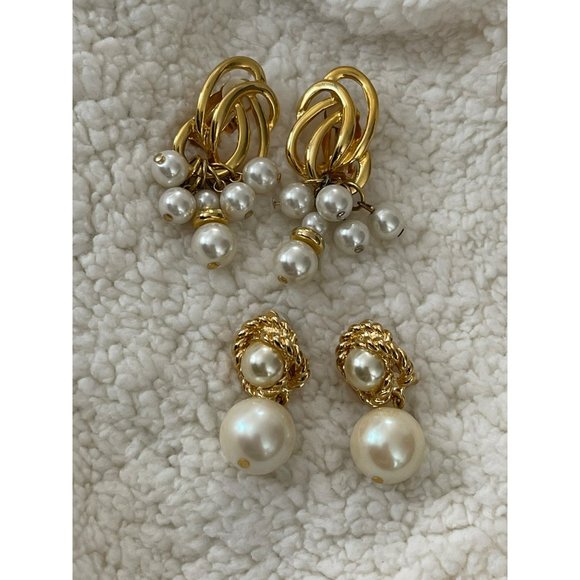 Vintage Gold Tone White Dangle Bead Clip-On Earrings - 2 Pairs - Picture 1 of 13